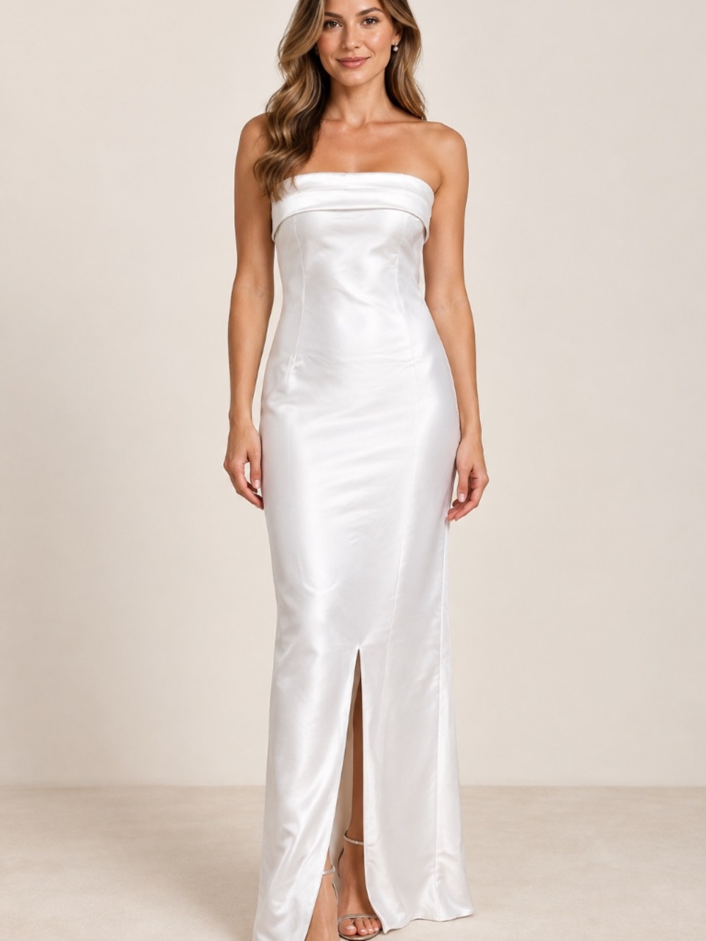 ltar’d State Paityn White Satin Strapless Maxi Dress